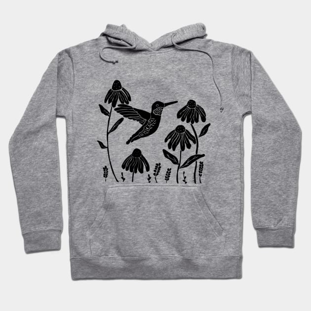 Linocut hummingbird and flowers Hoodie by Vickiinmyhead